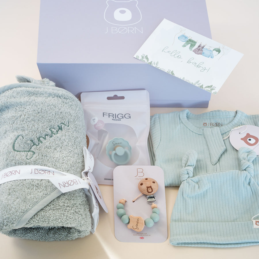 JBØRN Sage Baby Gift Set | Organic Cotton Towel & Sleepsuit Set - Personalisable Baby Products Sold and Personalised by JustBørn