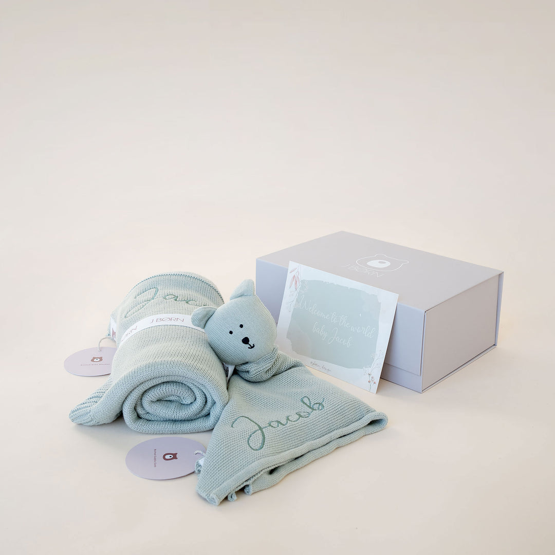 JBØRN Baby Gift Set | Knitted Blanket & Comforter Sage - Personalisable Baby Products Sold and Personalised by JustBørn