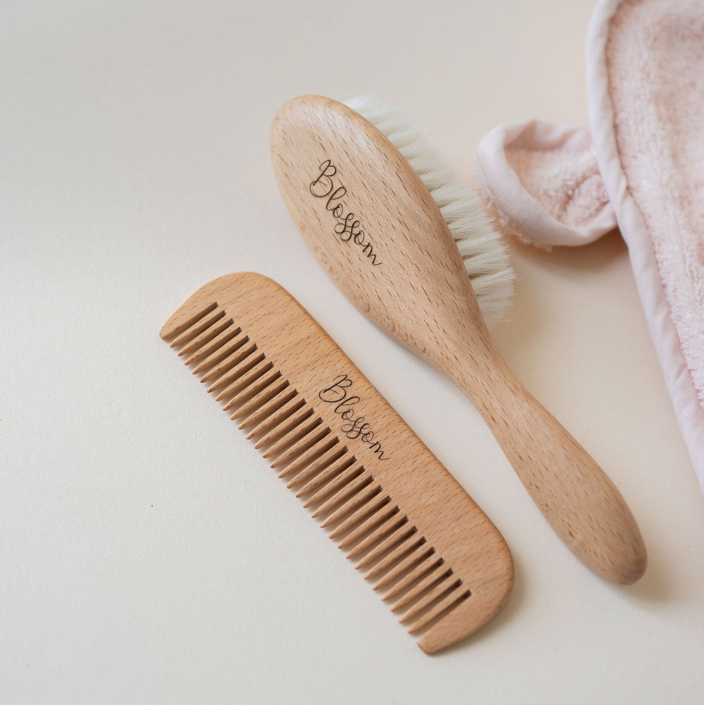 JBØRN Natural Beechwood Hairbrush & Comb Set - Personalisable Baby Products Sold and Personalised by JustBørn