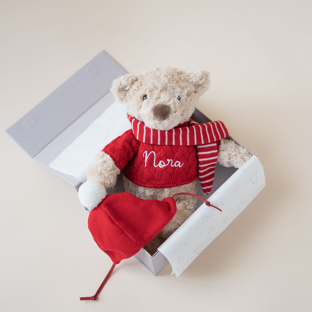 JBØRN Christmas Teddy Bear Soft Toy with Personalised Festive Outfit - Personalisable Baby Products Sold and Personalised by JustBørn
