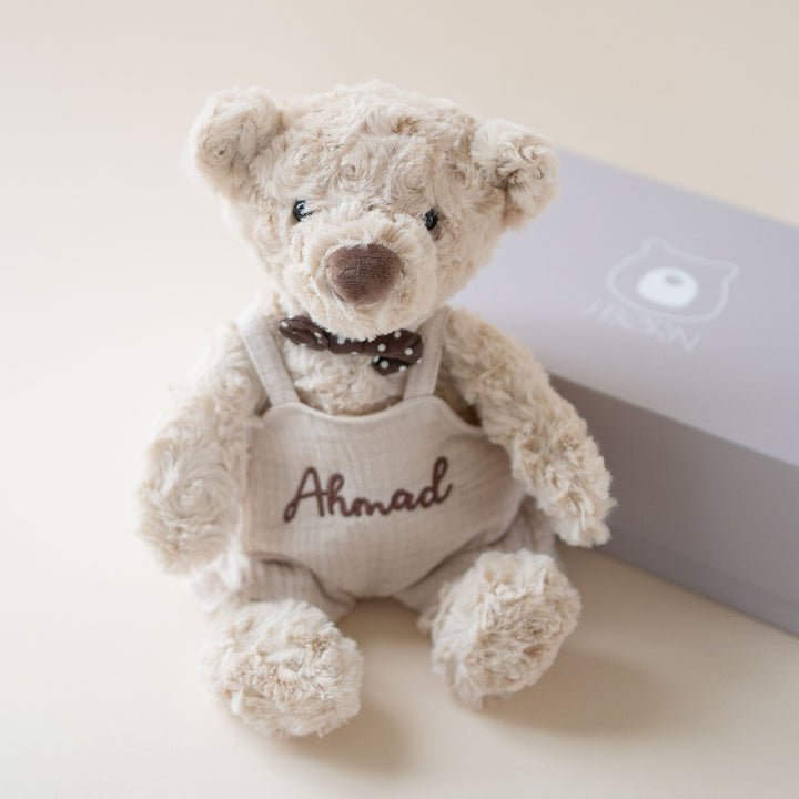 JBØRN Beige Teddy Bear Soft Toy with Personalised Outfit - Personalisable Baby Products Sold and Personalised by JustBørn