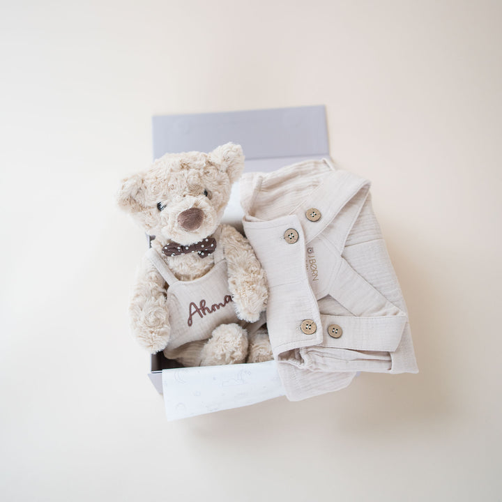 JBØRN Beige Teddy Bear Soft Toy with Personalised Outfit - Personalisable Baby Products Sold and Personalised by JustBørn