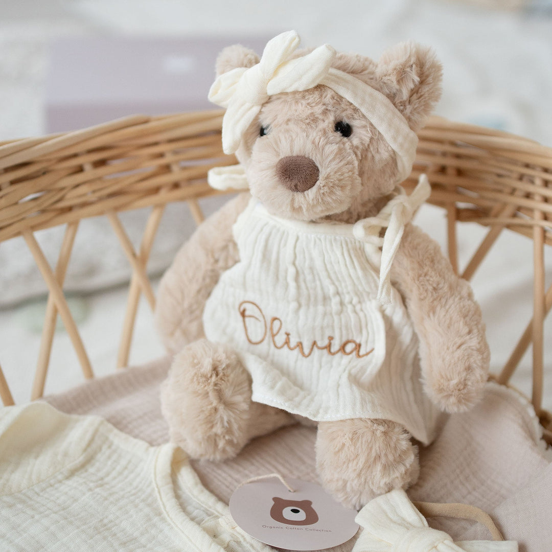 JBØRN Beige Teddy Bear Soft Toy with Personalised Outfit - Personalisable Baby Products Sold and Personalised by JustBørn