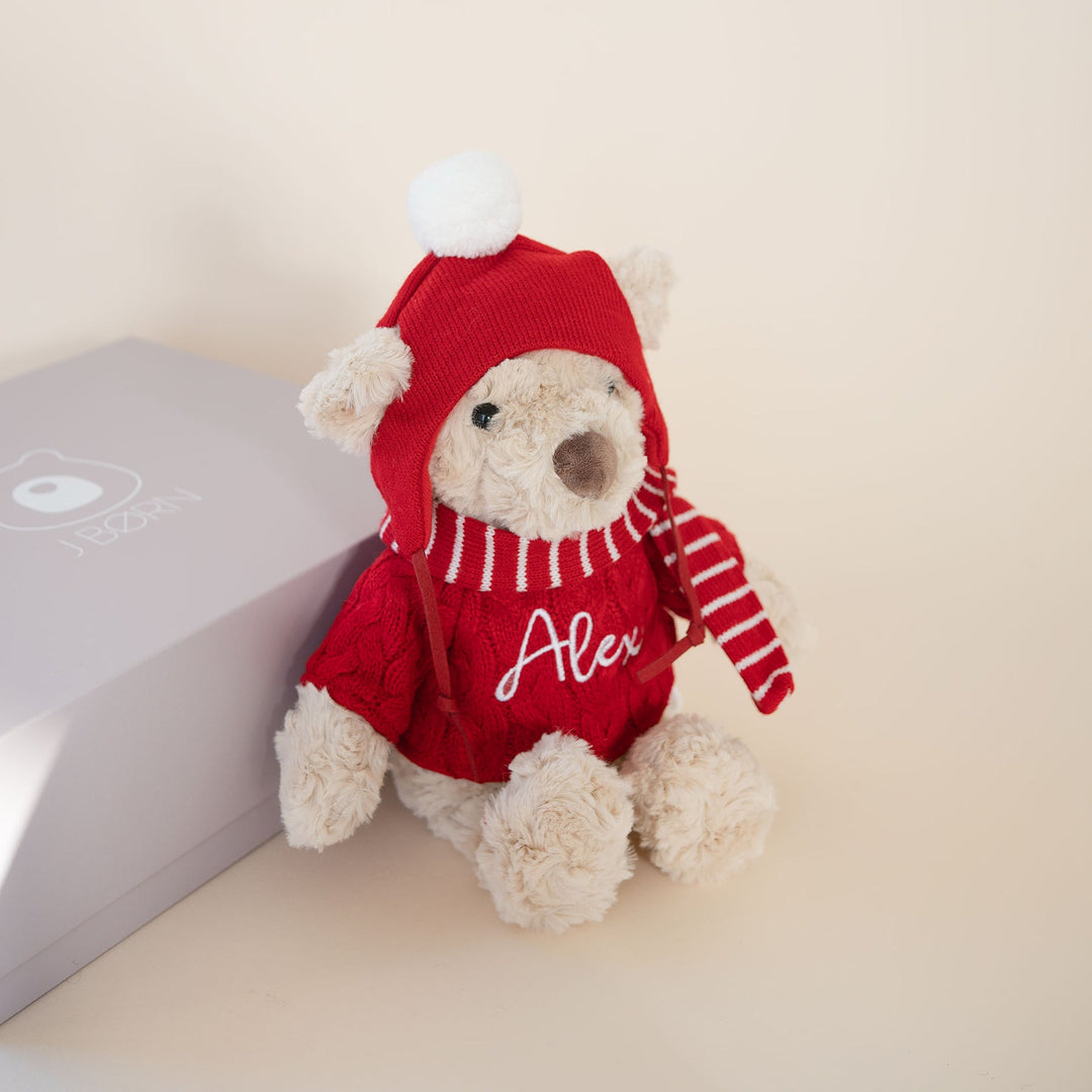 JBØRN Christmas Teddy Bear Soft Toy with Personalised Festive Outfit Add Gift Box Beige Festive Bear - Personalisable Baby Products Sold and Personalised by JustBørn