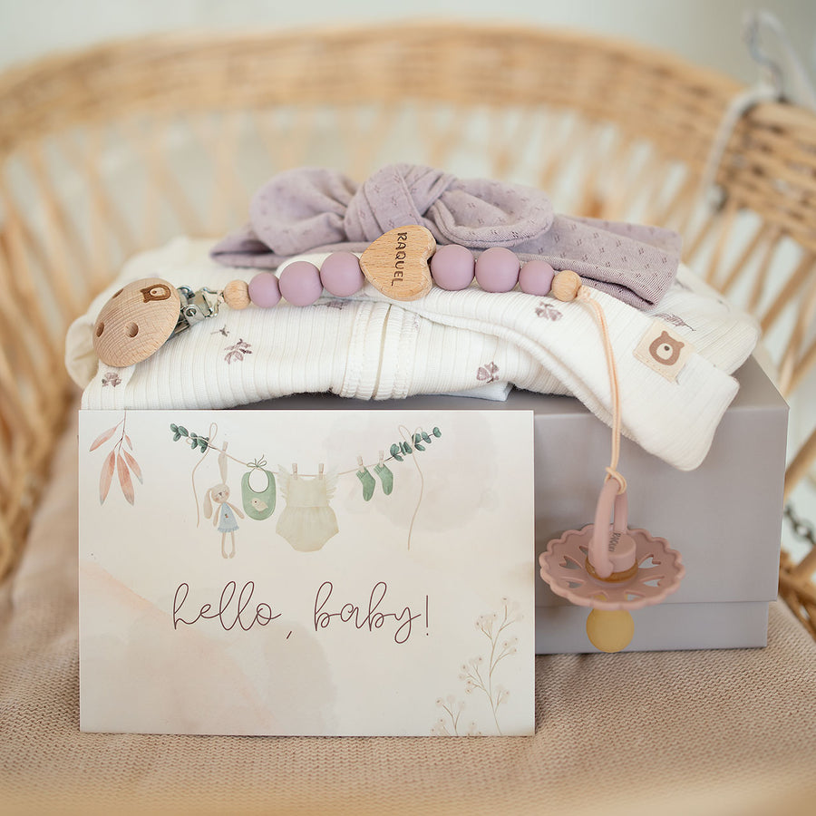 JBØRN Lilac Baby Girl Gift Set | Organic Cotton Lightweight Sleep Suit & Accessories - Personalisable Baby Products Sold and Personalised by JustBørn