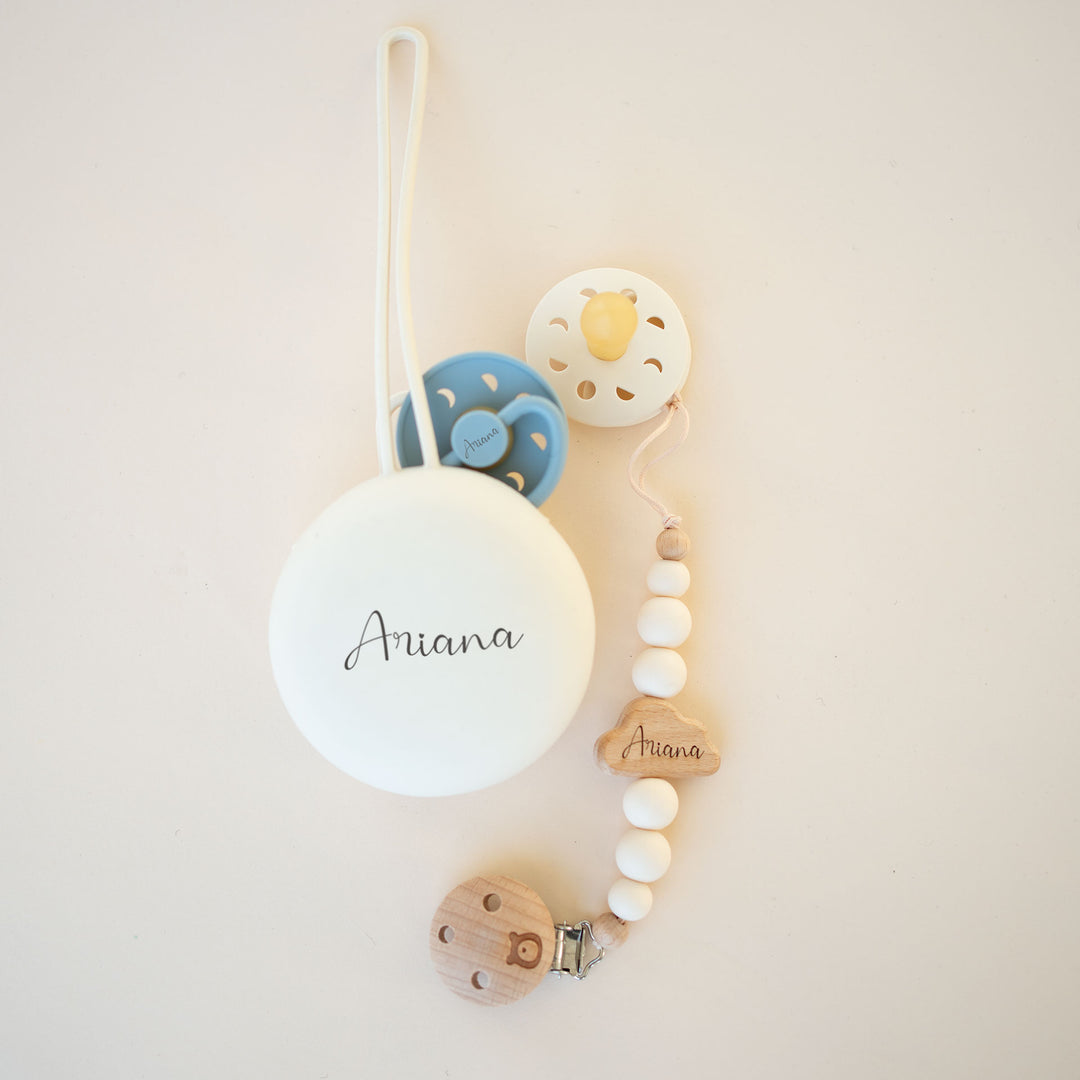 FRIGG Moon Pacifier & Matching JBØRN Clip & Holder Set Stone Blue - Personalisable Baby Products Sold and Personalised by JustBørn