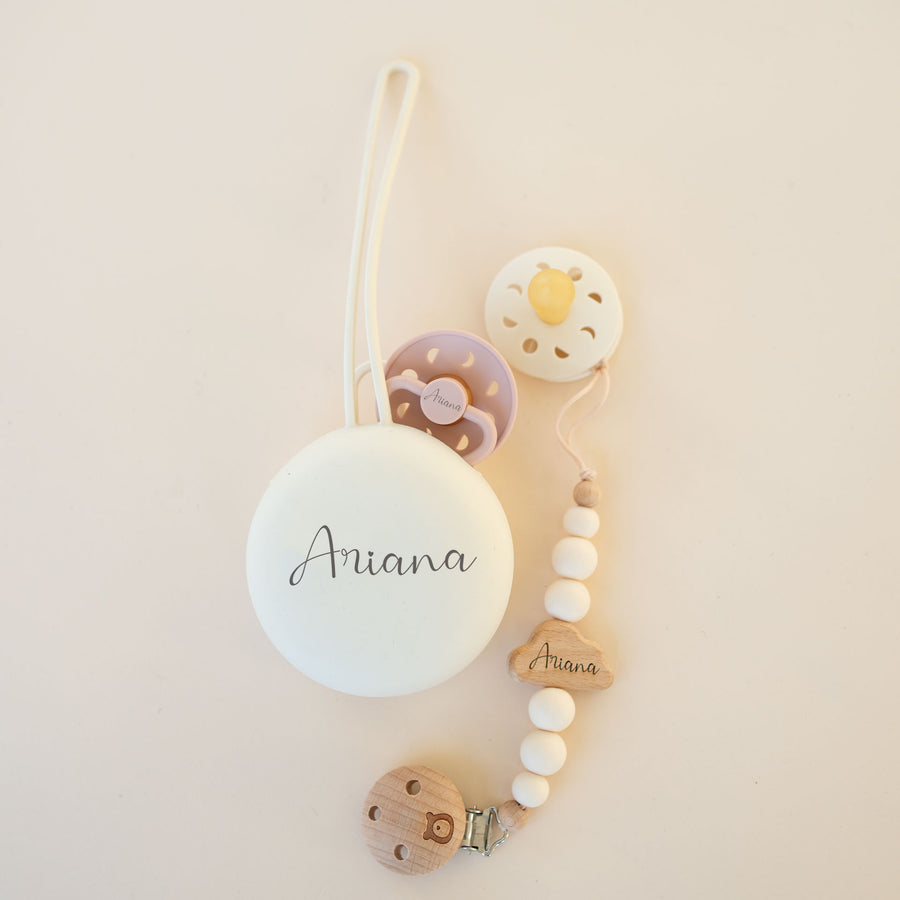 FRIGG Moon Pacifier & Matching JBØRN Clip & Holder Set - Personalisable Baby Products Sold and Personalised by JustBørn