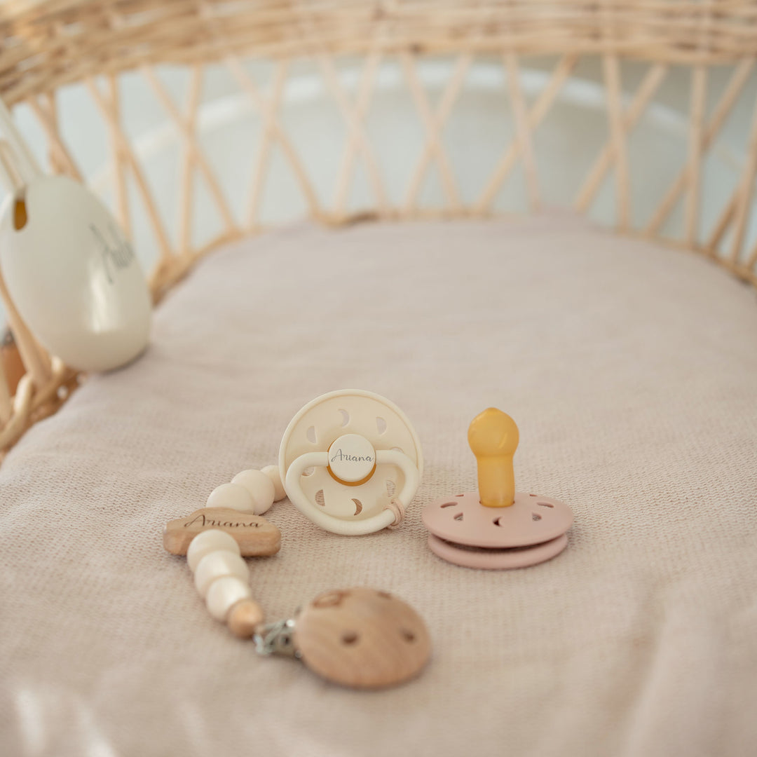 FRIGG Moon Pacifier & Matching JBØRN Clip & Holder Set - Personalisable Baby Products Sold and Personalised by JustBørn