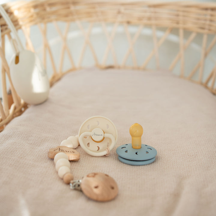 FRIGG Moon Pacifier & Matching JBØRN Clip & Holder Set - Personalisable Baby Products Sold and Personalised by JustBørn