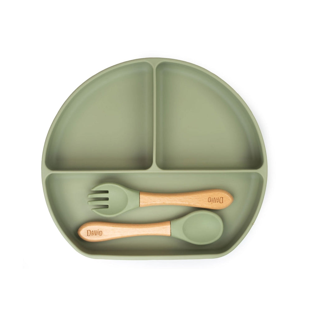 JBØRN Silicone Sectioned Plate and Cutlery | Weaning Set | Personalisable in Olive, sold by JBørn Baby Products Shop, Personalizable by JustBørn