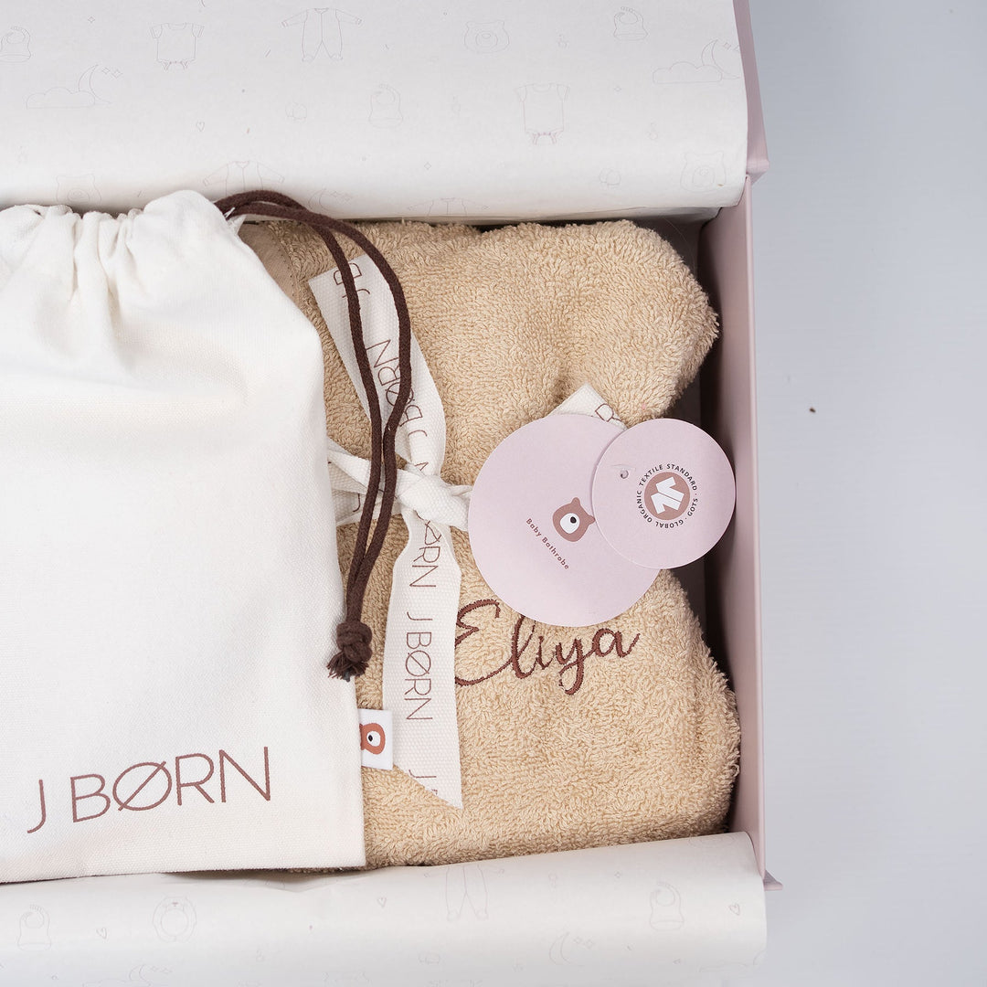 Coffret cadeau bébé JBØRN | Ensemble peignoir et brosse à cheveux en coton biologique | Personnalisable