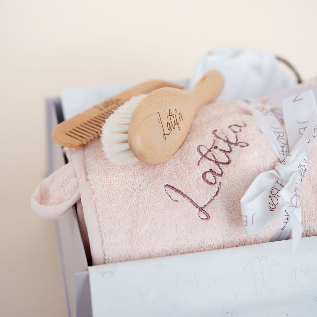 JBØRN Baby Gift Set | Organic Cotton Towel & Hair Brush Set Blossom - Personalisable Baby Products Sold and Personalised by JustBørn