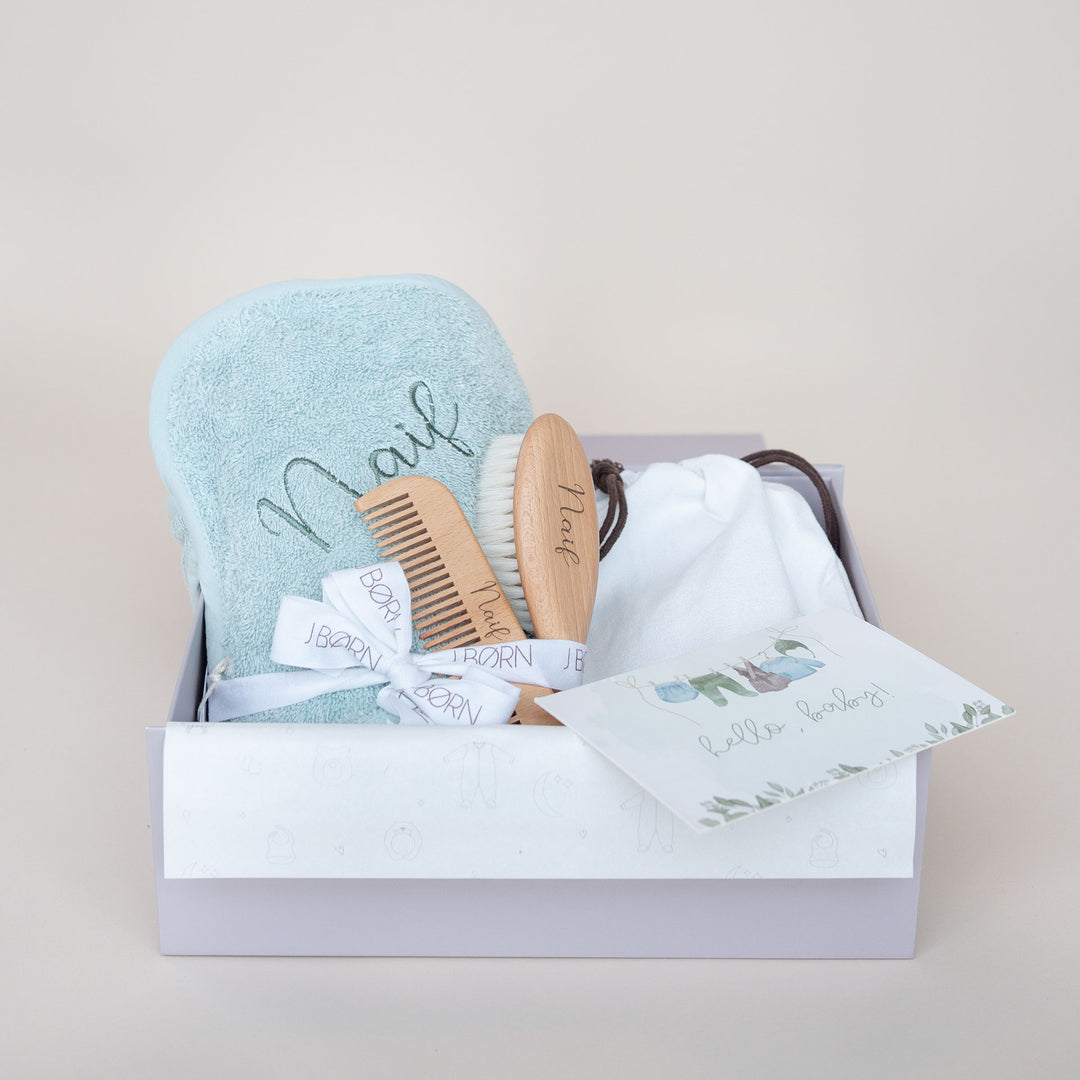 JBØRN Baby Gift Set | Organic Cotton Towel & Hair Brush Set Mint - Personalisable Baby Products Sold and Personalised by JustBørn