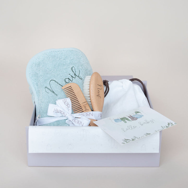 JBØRN Baby Gift Set | Organic Cotton Towel & Hair Brush Set Mint - Personalisable Baby Products Sold and Personalised by JustBørn