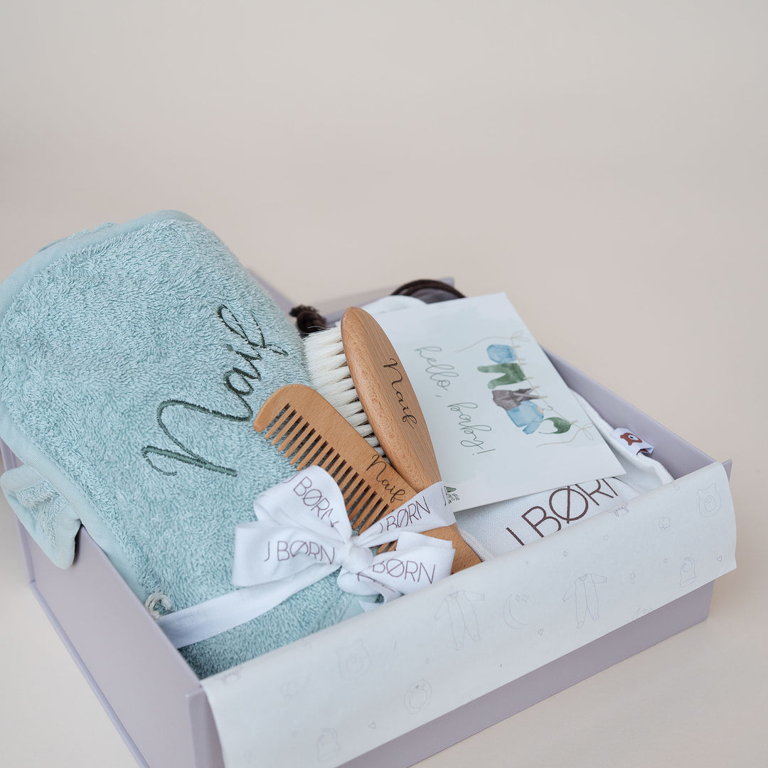 JBØRN Baby Gift Set | Organic Cotton Towel & Hair Brush Set Mint - Personalisable Baby Products Sold and Personalised by JustBørn