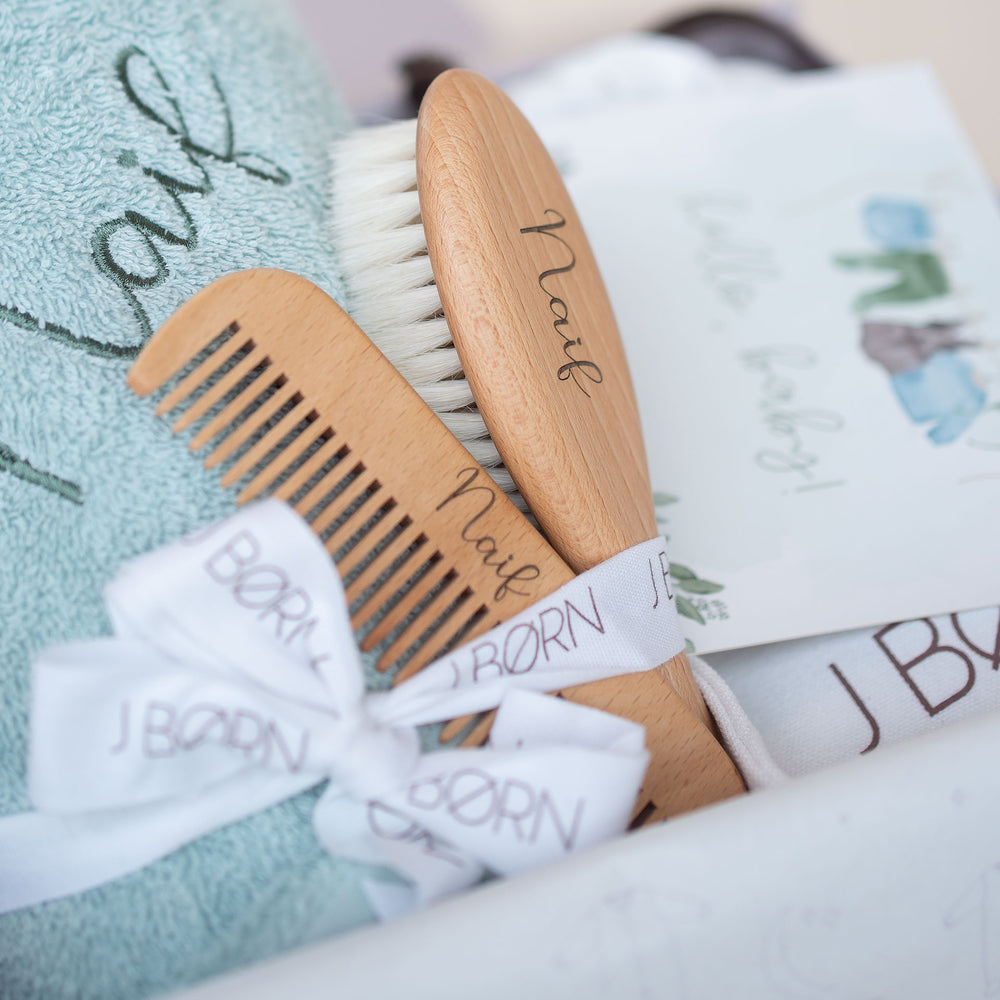 JBØRN Baby Gift Set | Mint Organic Cotton Bath Robe & Hair Brush Set - Personalisable Baby Products Sold and Personalised by JustBørn