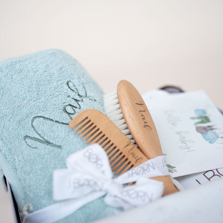 JBØRN Baby Gift Set | Organic Cotton Towel & Hair Brush Set Baby Blue - Personalisable Baby Products Sold and Personalised by JustBørn