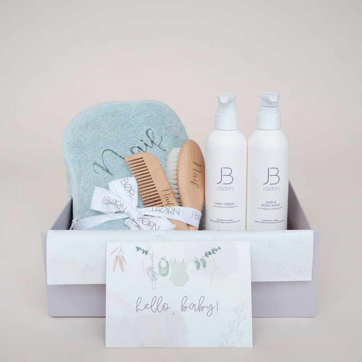 JBØRN Luxury Baby Bath Gift Set | Hooded Towel, Hair Brushes & Skin Care Set Mint - Personalisable Baby Products Sold and Personalised by JustBørn