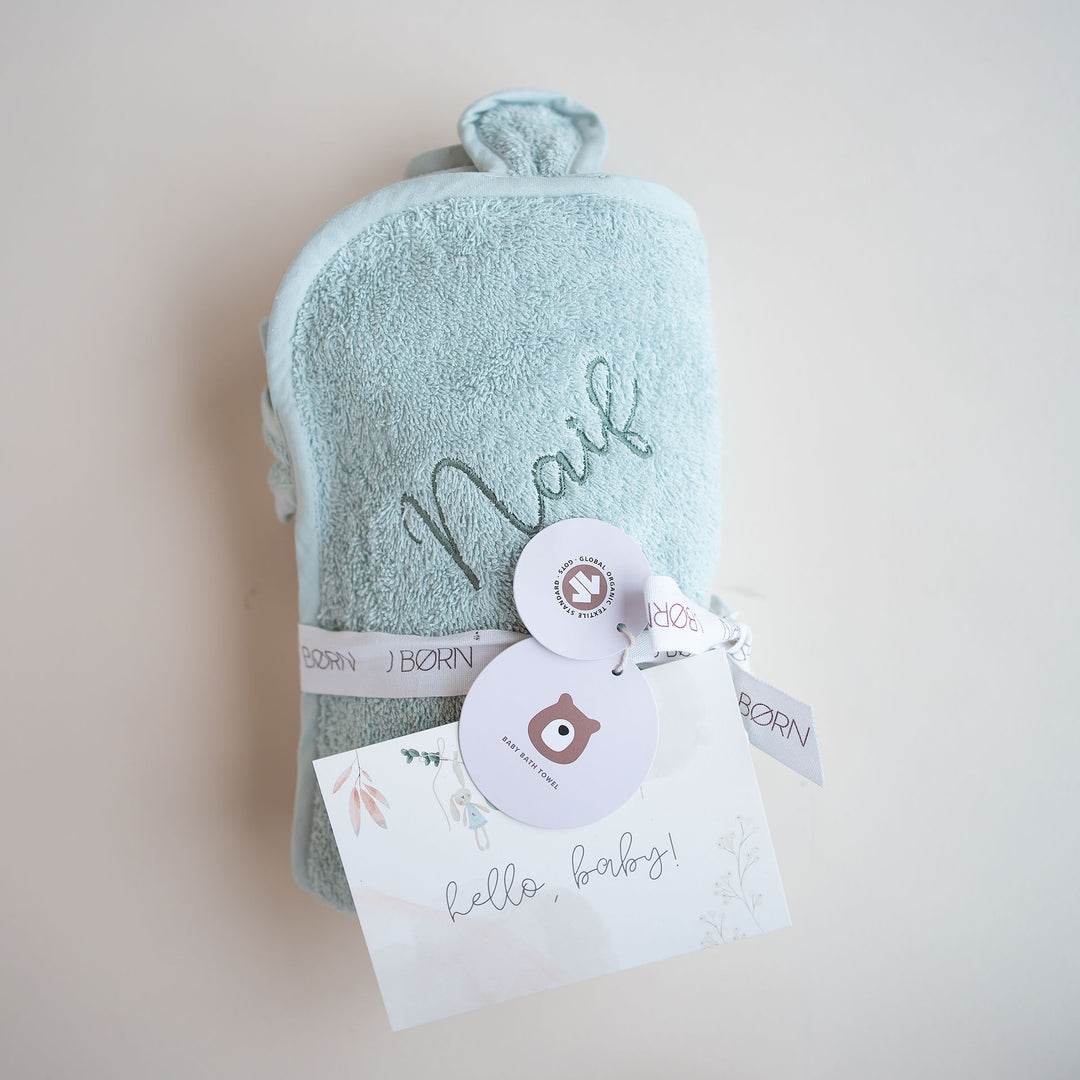 JBØRN Baby Gift Set | Organic Cotton Towel & Hair Brush Set Mint - Personalisable Baby Products Sold and Personalised by JustBørn