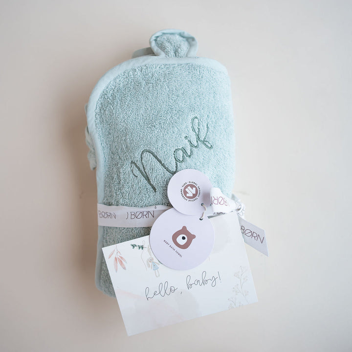 JBØRN Baby Gift Set | Organic Cotton Towel & Hair Brush Set Mint - Personalisable Baby Products Sold and Personalised by JustBørn