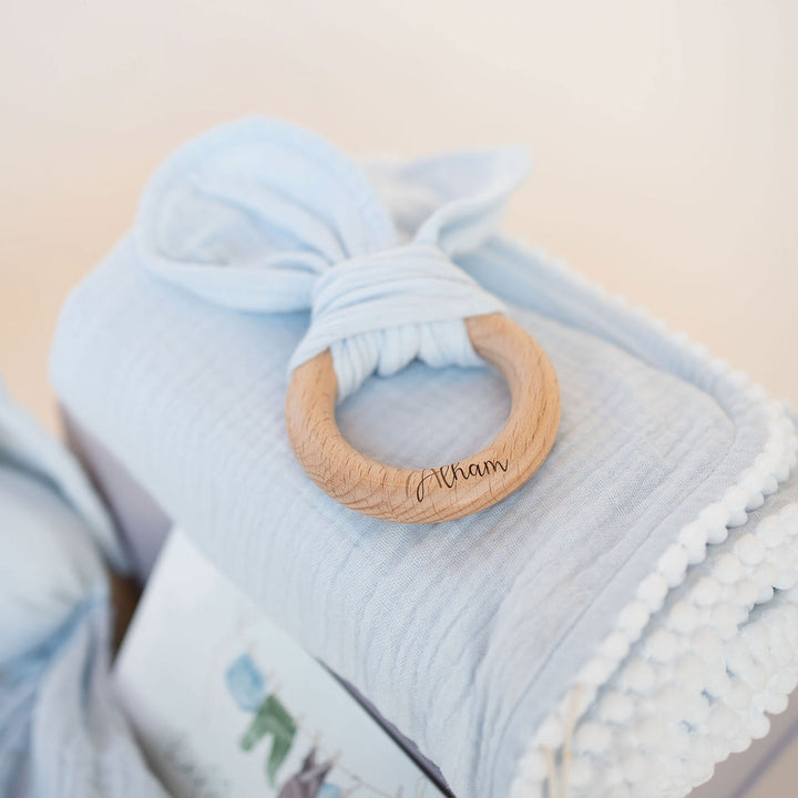 JBØRN Baby Gift Set | Organic Muslin Swaddle Blanket & Teether Muslin Powder Blue - Personalisable Baby Products Sold and Personalised by JustBørn