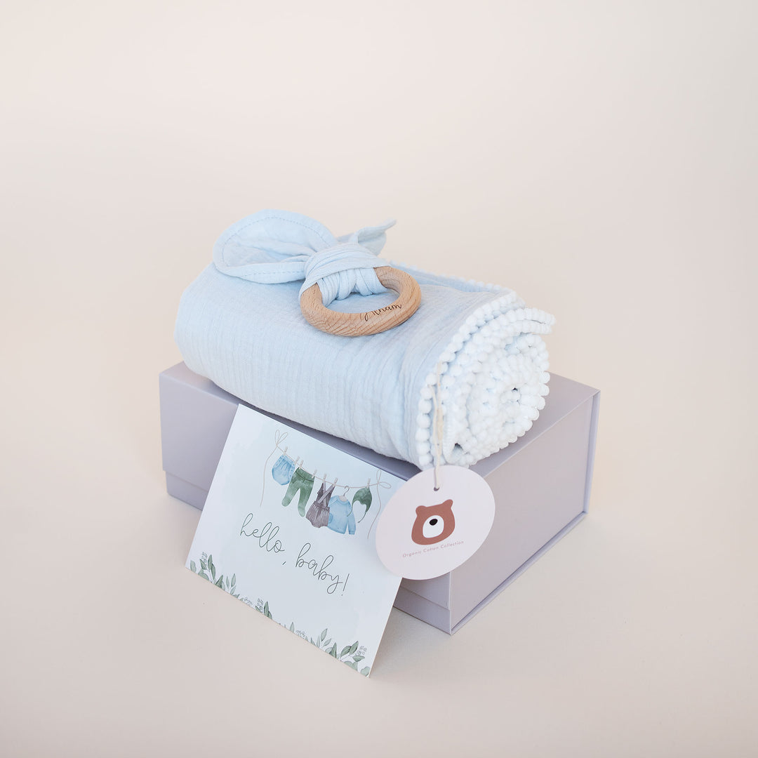 JBØRN Baby Gift Set | Organic Muslin Swaddle Blanket & Teether Muslin Powder Blue - Personalisable Baby Products Sold and Personalised by JustBørn