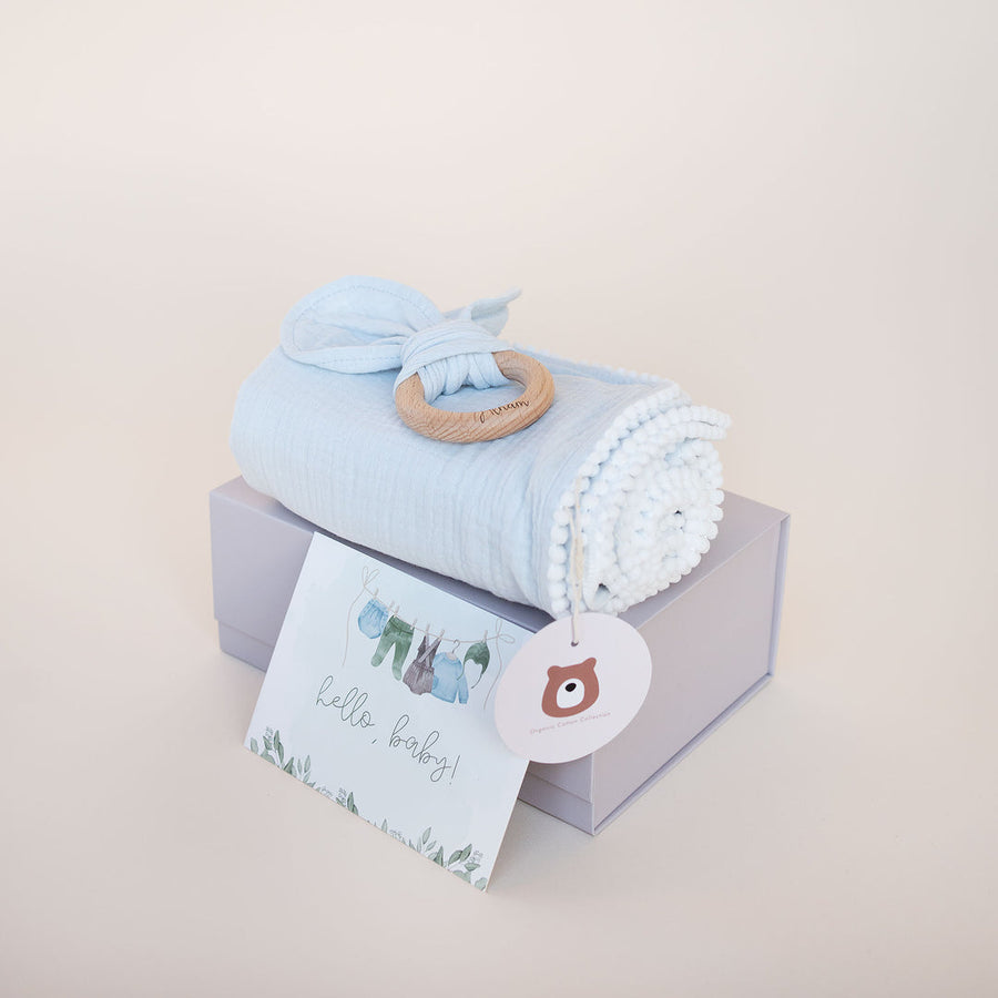 JBØRN Baby Gift Set | Organic Muslin Swaddle Blanket & Teether - Personalisable Baby Products Sold and Personalised by JustBørn