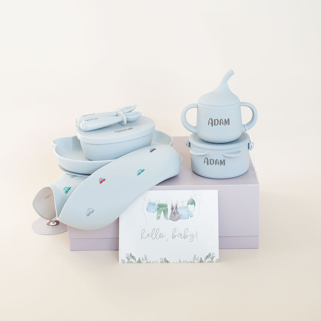 JBØRN Baby Gift Set | Weaning Essentials Cars Powder Blue - Personalisable Baby Products Sold and Personalised by JustBørn