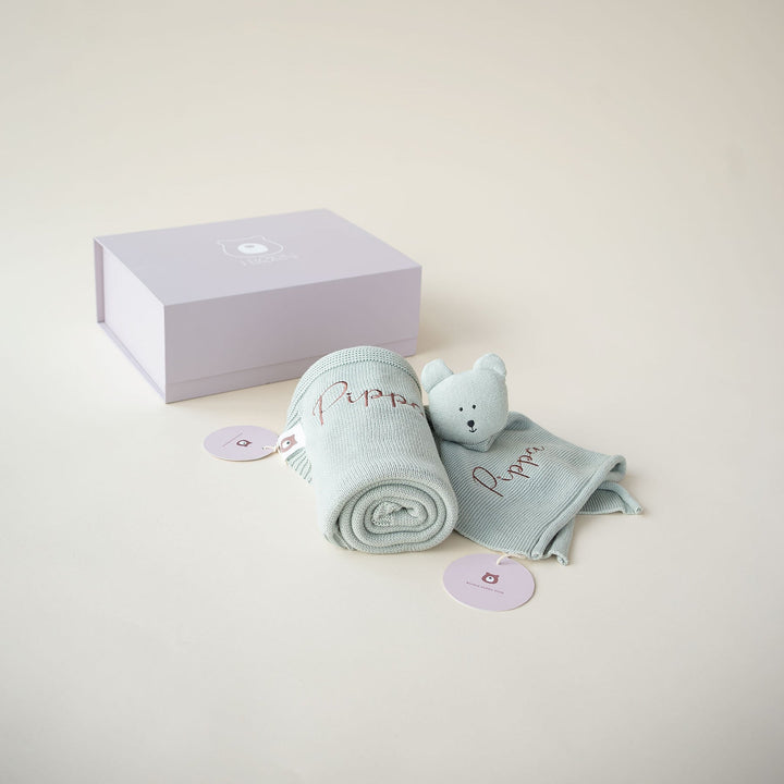 JBØRN Baby Gift Set | Knitted Blanket & Comforter Sage - Personalisable Baby Products Sold and Personalised by JustBørn