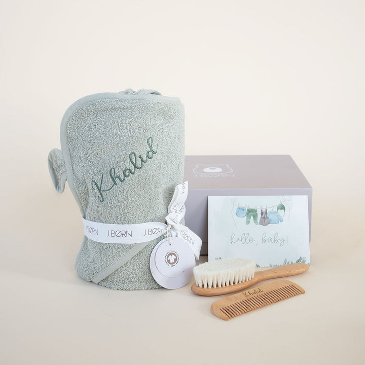 JBØRN Baby Gift Set | Organic Cotton Towel & Hair Brush Set Baby Blue - Personalisable Baby Products Sold and Personalised by JustBørn