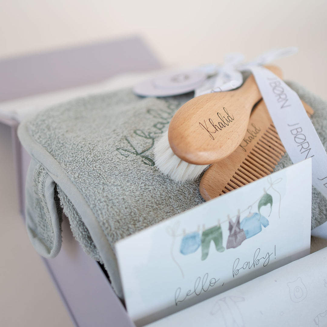 JBØRN Baby Gift Set | Organic Cotton Towel & Hair Brush Set Sage - Personalisable Baby Products Sold and Personalised by JustBørn