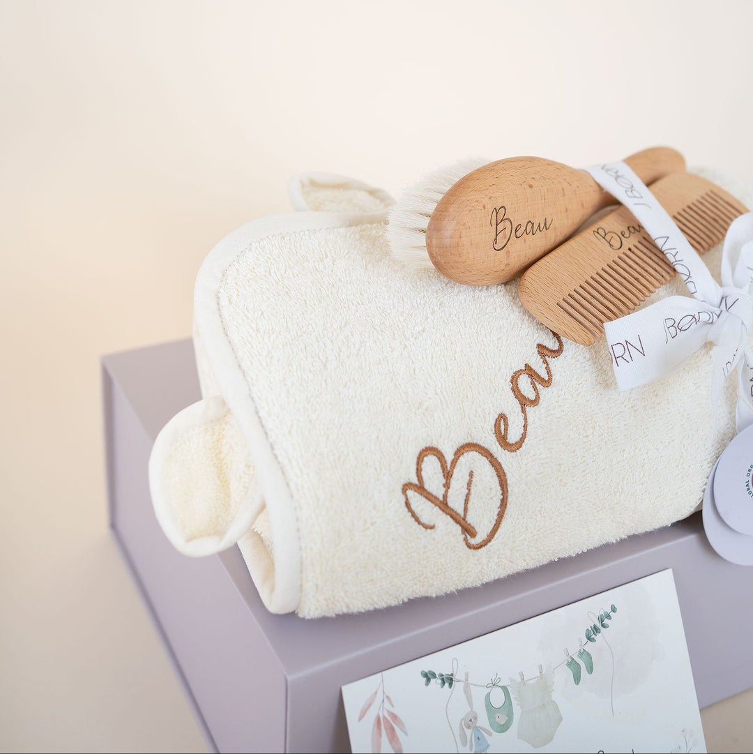 JBØRN Baby Gift Set | Organic Cotton Towel & Hair Brush Set Ivory - Personalisable Baby Products Sold and Personalised by JustBørn