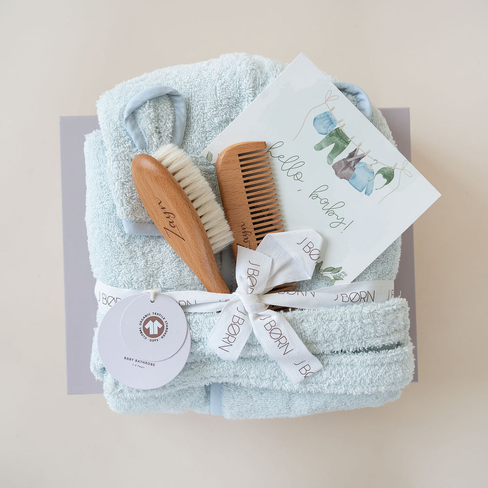 JBØRN Baby Gift Set | Organic Cotton Bathrobe & Hair Brush Set - Personalisable Baby Products Sold and Personalised by JustBørn