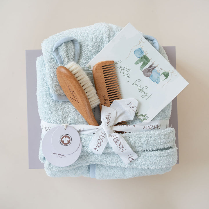 JBØRN Baby Gift Set | Organic Cotton Bath Robe & Hair Brush Set - Personalisable Baby Products Sold and Personalised by JustBørn