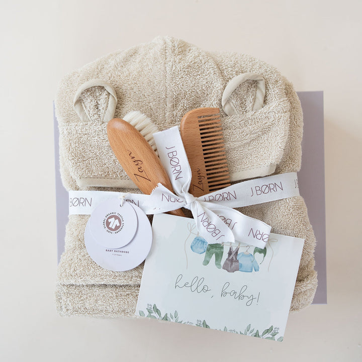 JBØRN Baby Gift Set | Organic Cotton Bath Robe & Hair Brush Set Vanilla - Personalisable Baby Products Sold and Personalised by JustBørn