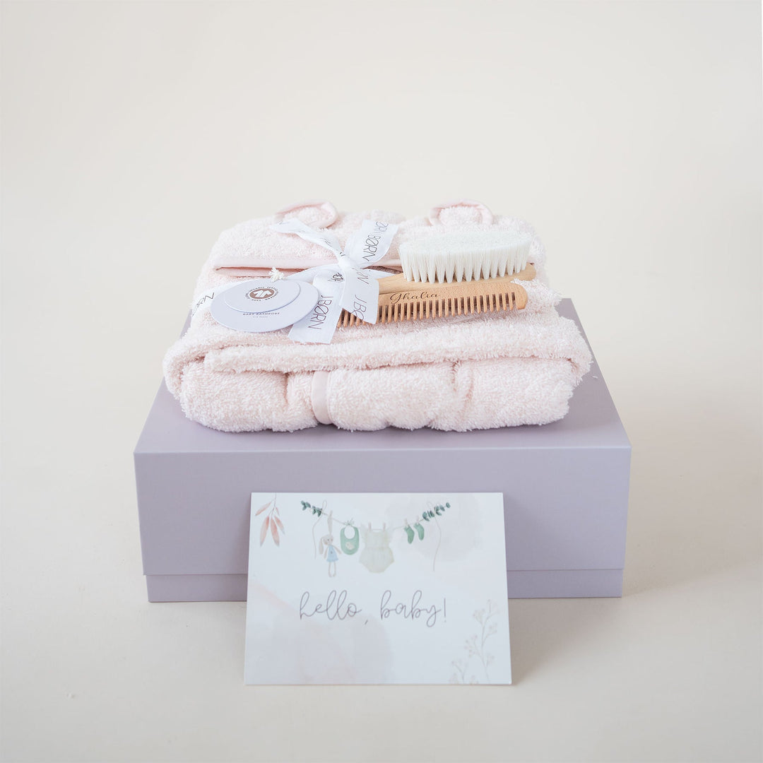 JBØRN Baby Gift Set | Organic Cotton Bath Robe & Hair Brush Set Blossom - Personalisable Baby Products Sold and Personalised by JustBørn