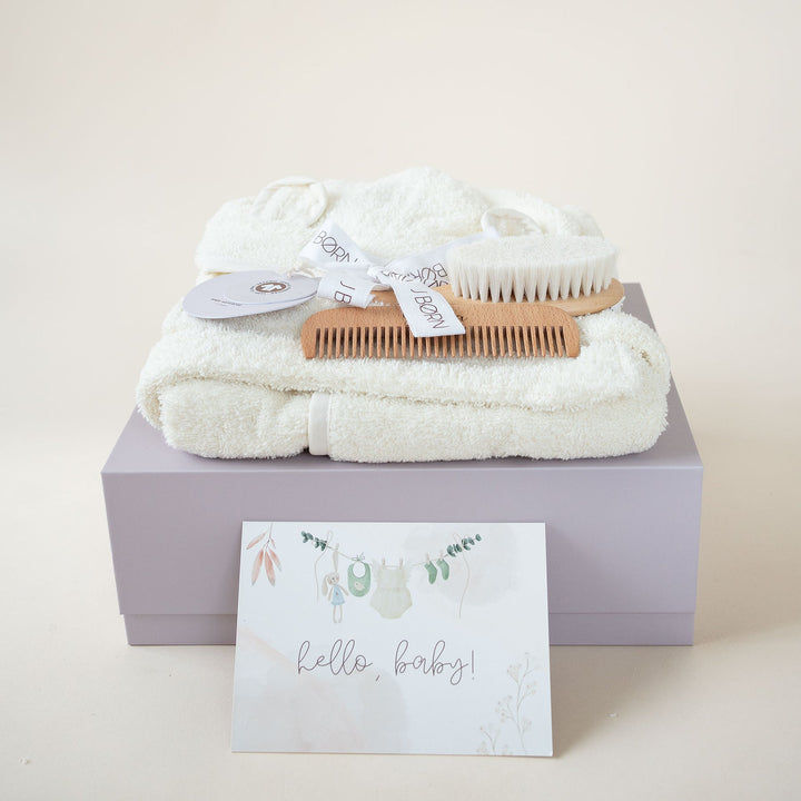 JBØRN Baby Gift Set | Organic Cotton Bath Robe & Hair Brush Set Ivory - Personalisable Baby Products Sold and Personalised by JustBørn