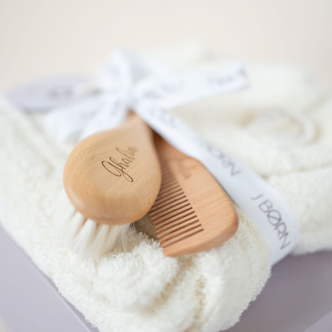 JBØRN Baby Gift Set | Organic Cotton Bath Robe & Hair Brush Set - Personalisable Baby Products Sold and Personalised by JustBørn