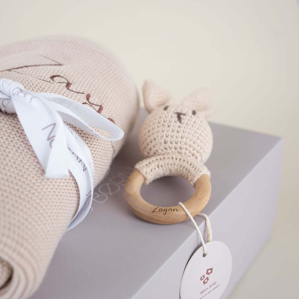 JBØRN Knitted Baby Blanket & Bunny Rattle Set - Personalisable Baby Products Sold and Personalised by JustBørn
