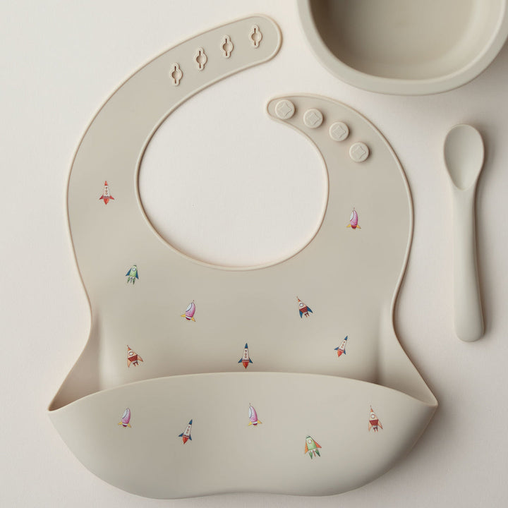 JBØRN Silicone Baby Feeding Bib | Weaning Essentials Rockets Vanilla - Personalisable Baby Products Sold and Personalised by JustBørn