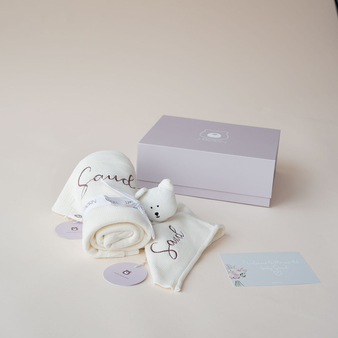 JBØRN Baby Gift Set | Knitted Blanket & Comforter Ivory - Personalisable Baby Products Sold and Personalised by JustBørn