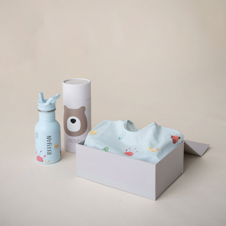 JBØRN First Birthday Gift Set | Personalised Water Bottle & Matching Sleeved Bib Ocean - Personalisable Baby Products Sold and Personalised by JustBørn