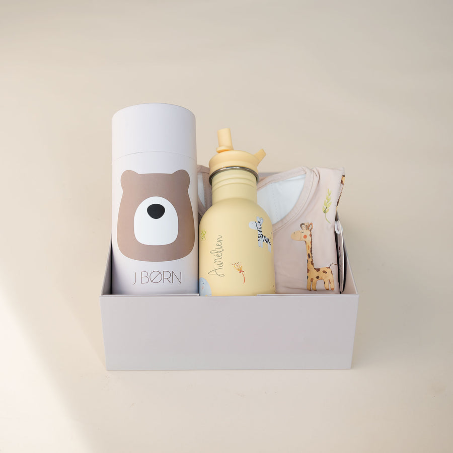 JBØRN First Birthday Gift Set | Personalised Water Bottle & Matching Sleeved Bib Safari Park - Personalisable Baby Products Sold and Personalised by JustBørn