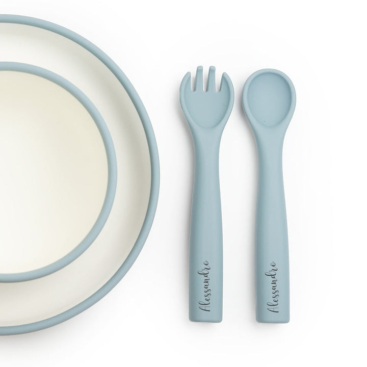 JBØRN Silicone 5 Piece Dinner Set | Personalisable in Stone Blue, sold by JBørn Baby Products Shop, Personalizable by JustBørn