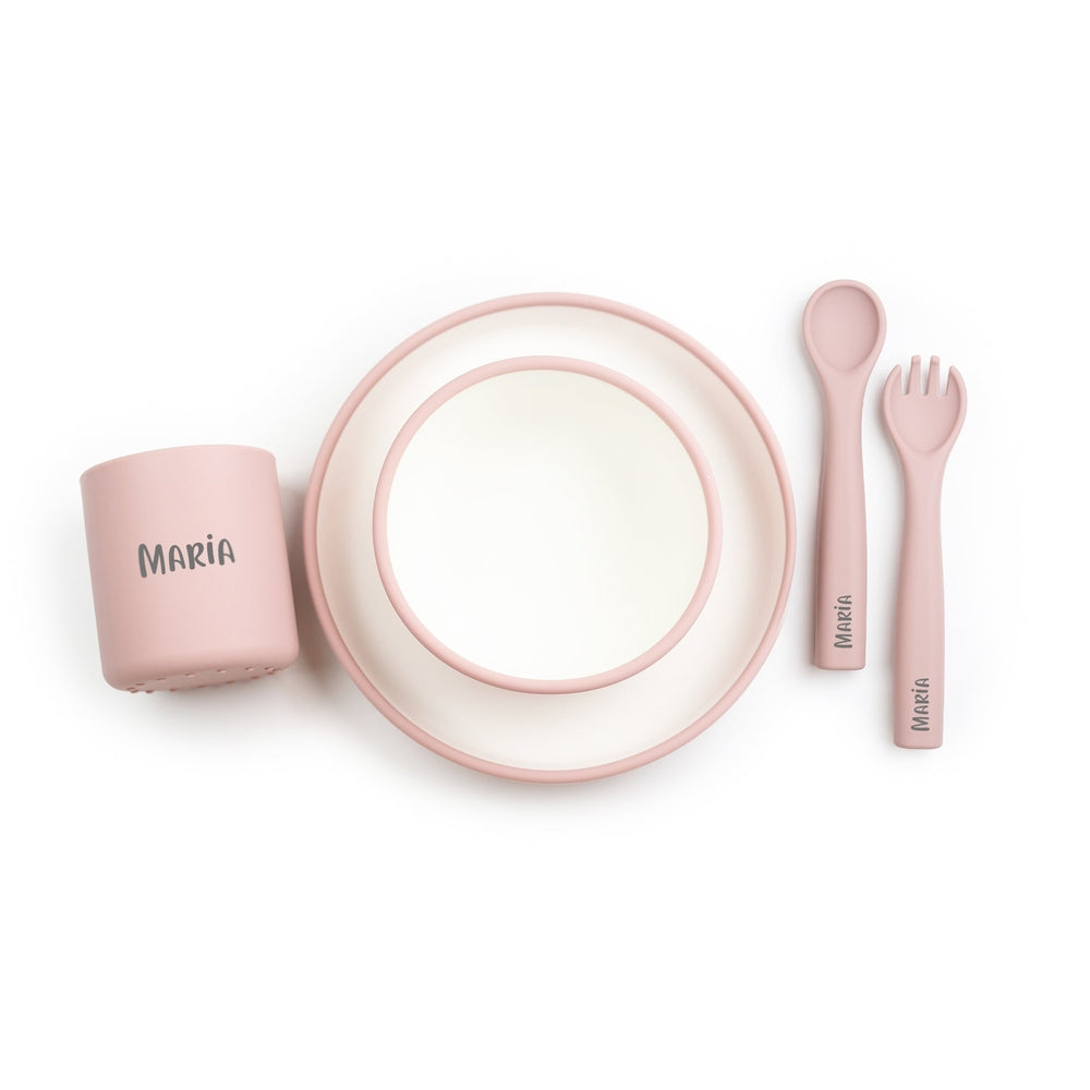 JBØRN Silicone 5 Piece Dinner Set | Personalisable in Blush, sold by JBørn Baby Products Shop, Personalizable by JustBørn