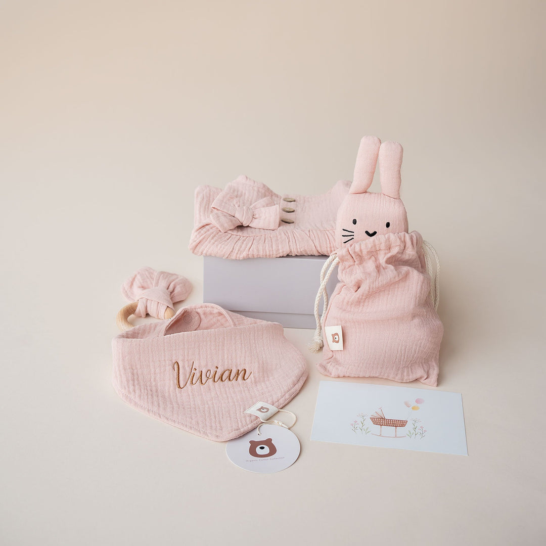 JBØRN Baby Girl Gift Set | Organic Muslin Dress & Accessories Muslin Blush - Personalisable Baby Products Sold and Personalised by JustBørn