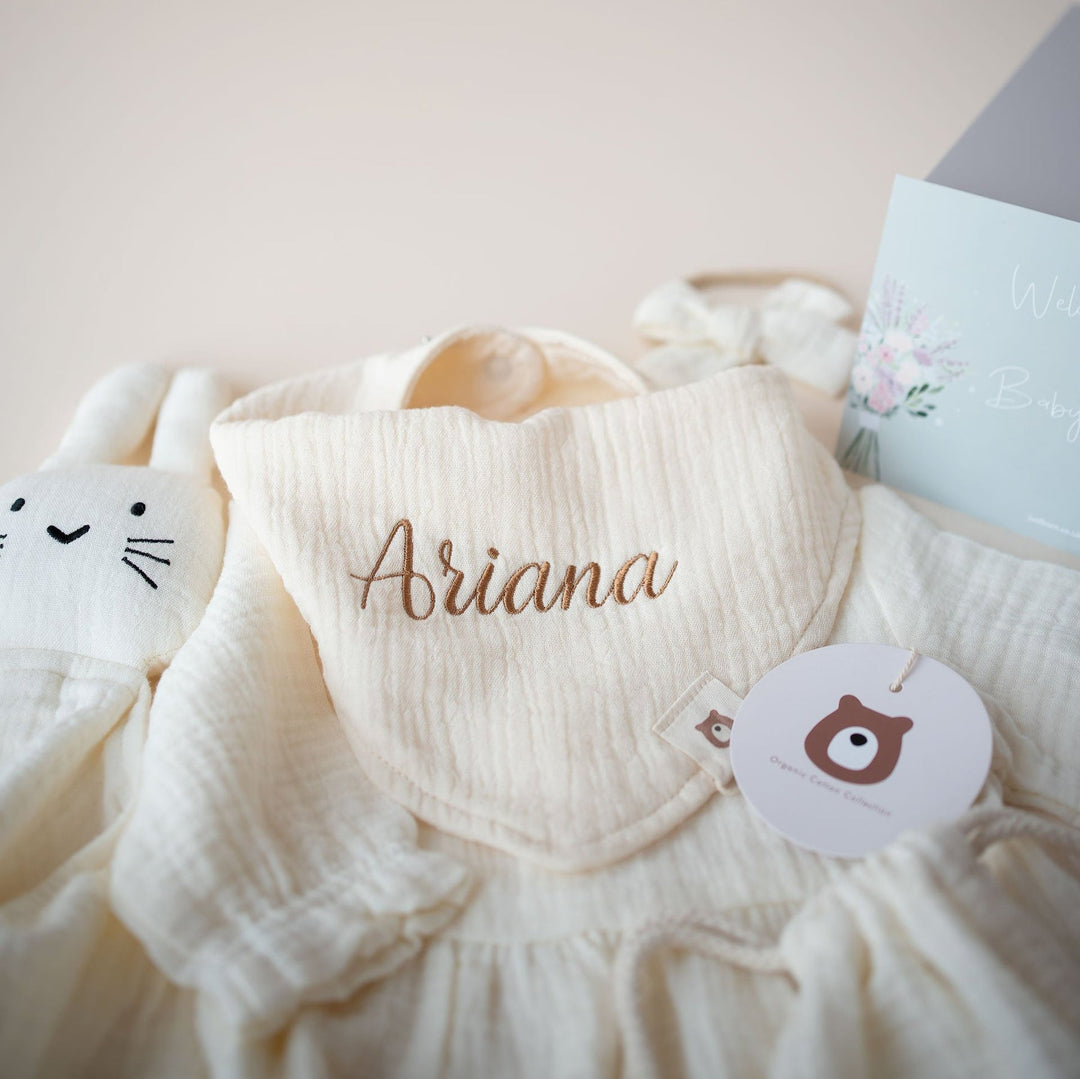 JBØRN Baby Girl Gift Set | Organic Muslin Dress & Accessories Muslin Ivory - Personalisable Baby Products Sold and Personalised by JustBørn