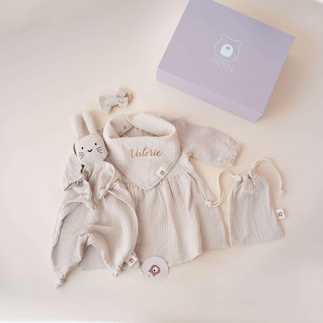 JBØRN Baby Girl Gift Set | Organic Muslin Dress & Accessories Muslin Sandstone - Personalisable Baby Products Sold and Personalised by JustBørn