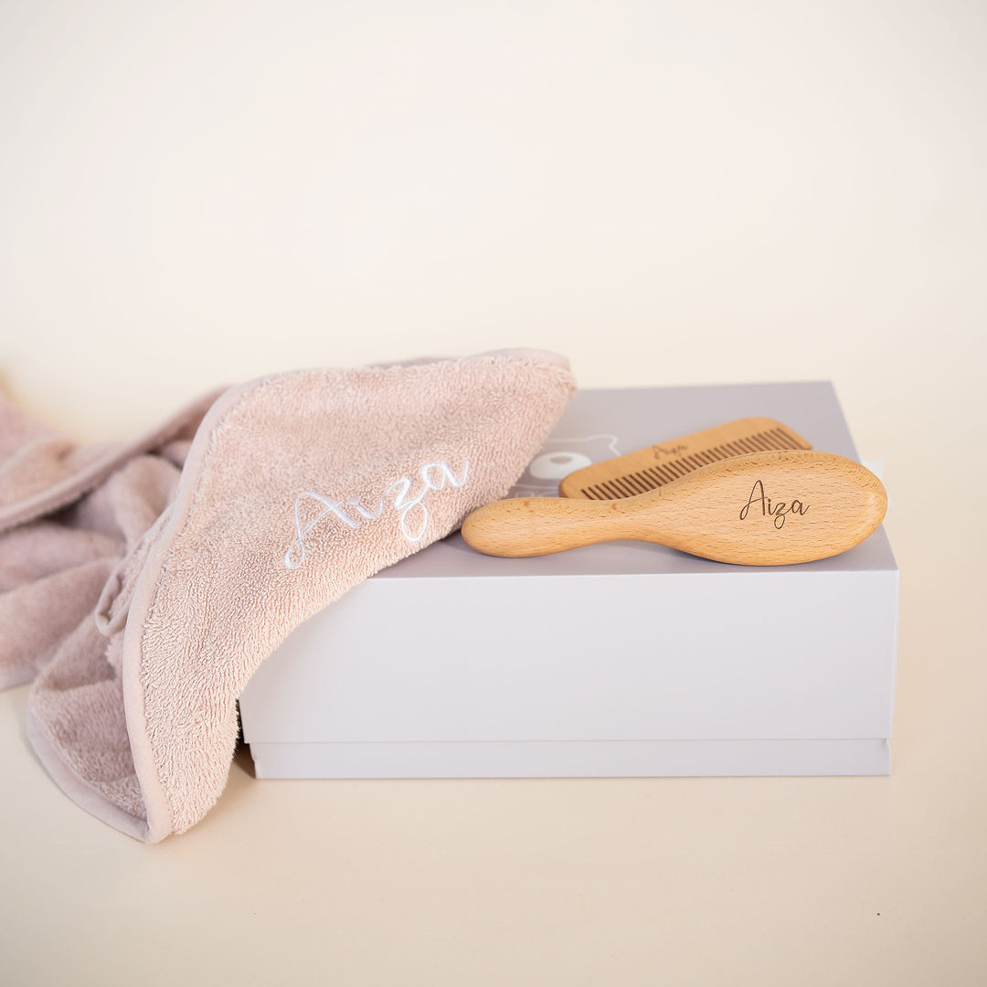 JBØRN Baby Gift Set | Organic Cotton Towel & Hair Brush Set - Personalisable Baby Products Sold and Personalised by JustBørn