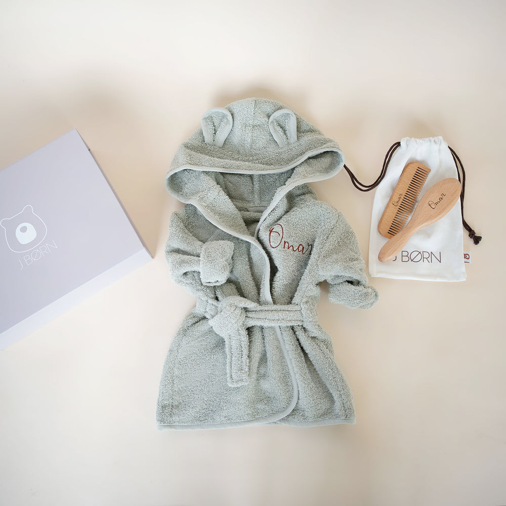 JBØRN Baby Gift Set | Organic Cotton Bath Robe & Hair Brush Set - Personalisable Baby Products Sold and Personalised by JustBørn